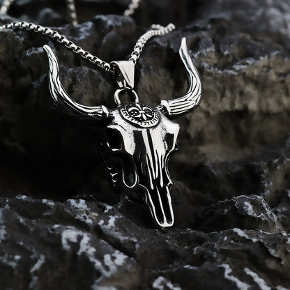 Vintage Stainless Steel Bull Head Pendant Necklace for Men