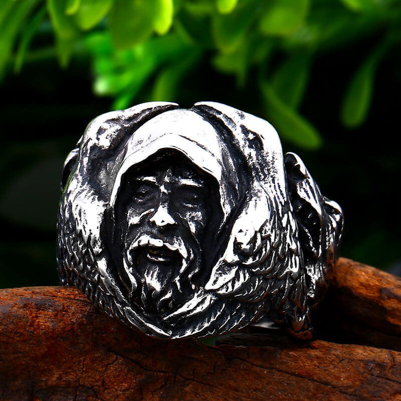 Vintage Stainless Steel Biker Viking Odin Raven Wolf Head Ring for Men