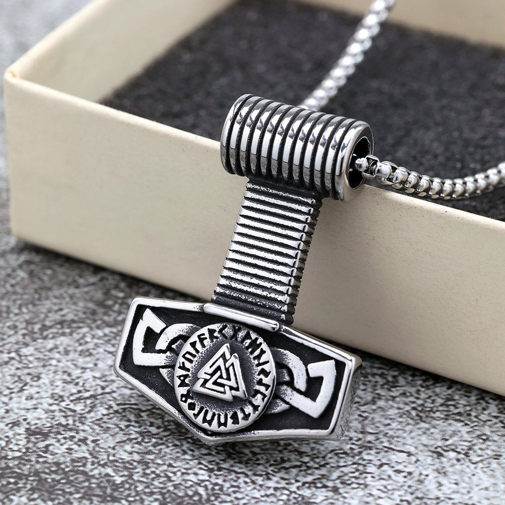 Men's Steel Valknut Mjolnir Pendant Necklace