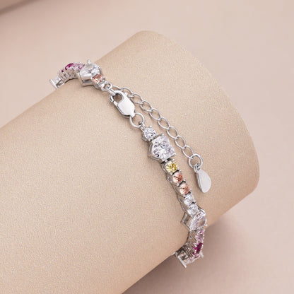 Women's High‑End Tennis Bracelet, Multicolor Mixed Heart & Round Zirconia Inlay With Extension Chain, S925 with White Gold Plating
