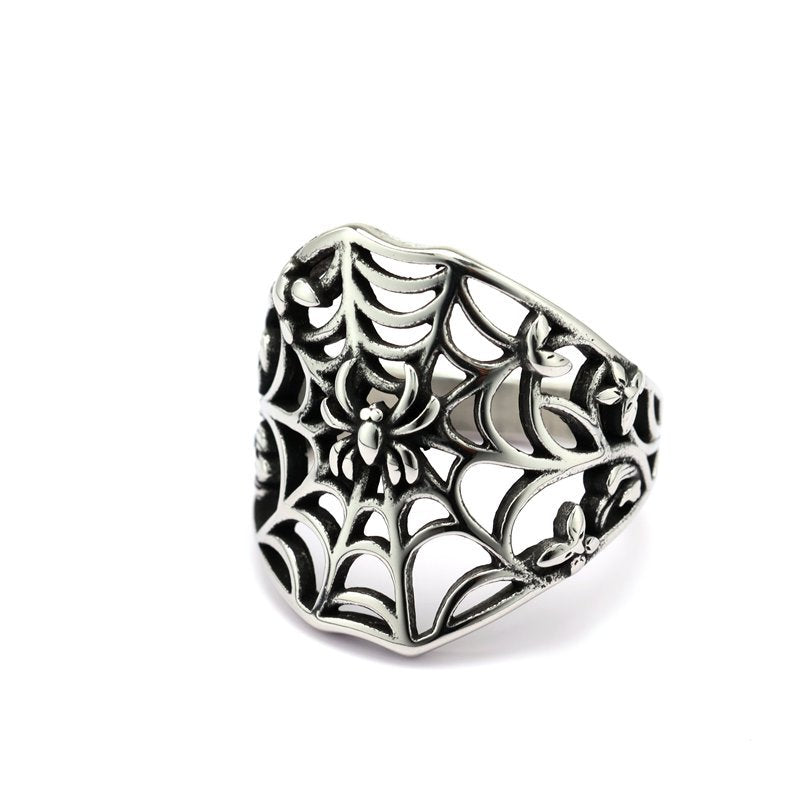 Vintage Solid Stainless Steel Hollow Spider Web Ring for Men