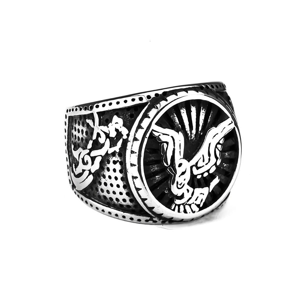 Vintage Solid Stainless Steel Norse Viking Eagle Totem Round Wide Signet Ring for Men