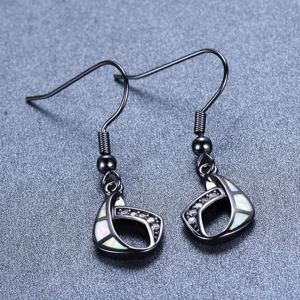 Women's Geometric Hollow Blue & White Opal With Clear Sapphire Hook Dangle Earrings
