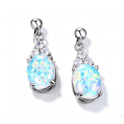Women's Oval Opal Dangle Stud Earrings With Triple Zirconia Accent, with White Gold Plating