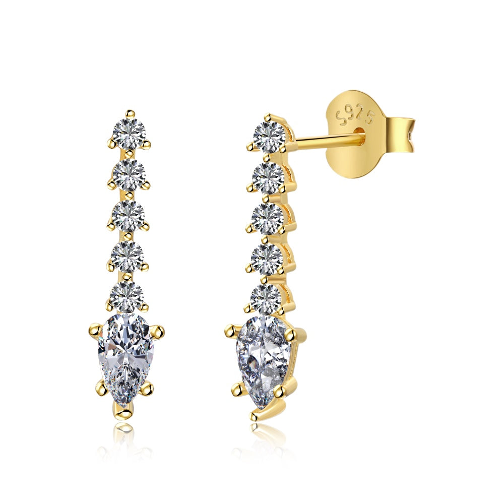 Women's Dangle Earrings, Pear Shape Main Stone Spliced With Drop & Round Colorless Zirconia Paved Setting, S925 with Gold Plating