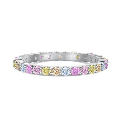 Women's Multicolor Round Zirconia Paved Stackable Narrow Band Ladies Ring, S925 with White Gold Plating