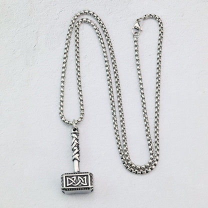 Vintage Stainless Steel Viking Pattern Hammer Pendant Necklace for Men