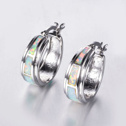 Women's Hoop Huggie Earrings, Center Inlaid White Opal / Blue Opal, with White Gold Plating