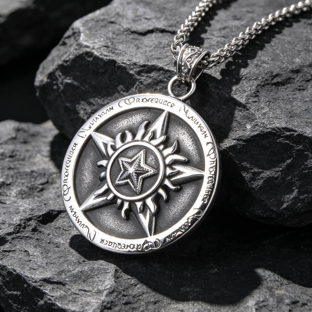 Men's Steel Vintage Pentagram Sun Pattern Round Pendant Necklace