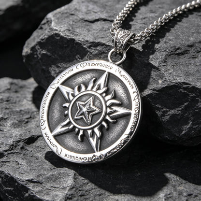Men's Steel Vintage Pentagram Sun Pattern Round Pendant Necklace