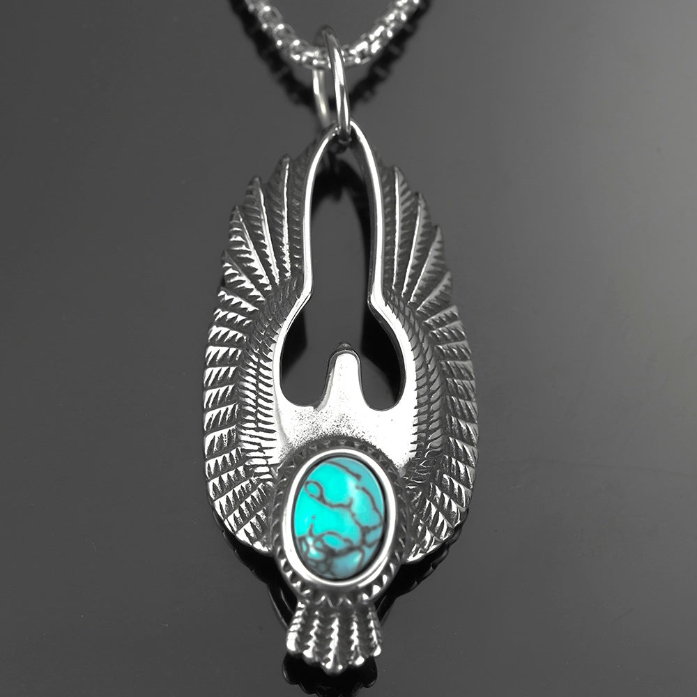 Men's Steel Flying Eagle With Turquoise Pendant Necklace