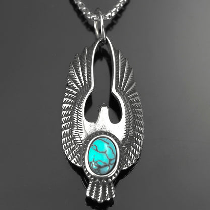 Men's Steel Flying Eagle With Turquoise Pendant Necklace