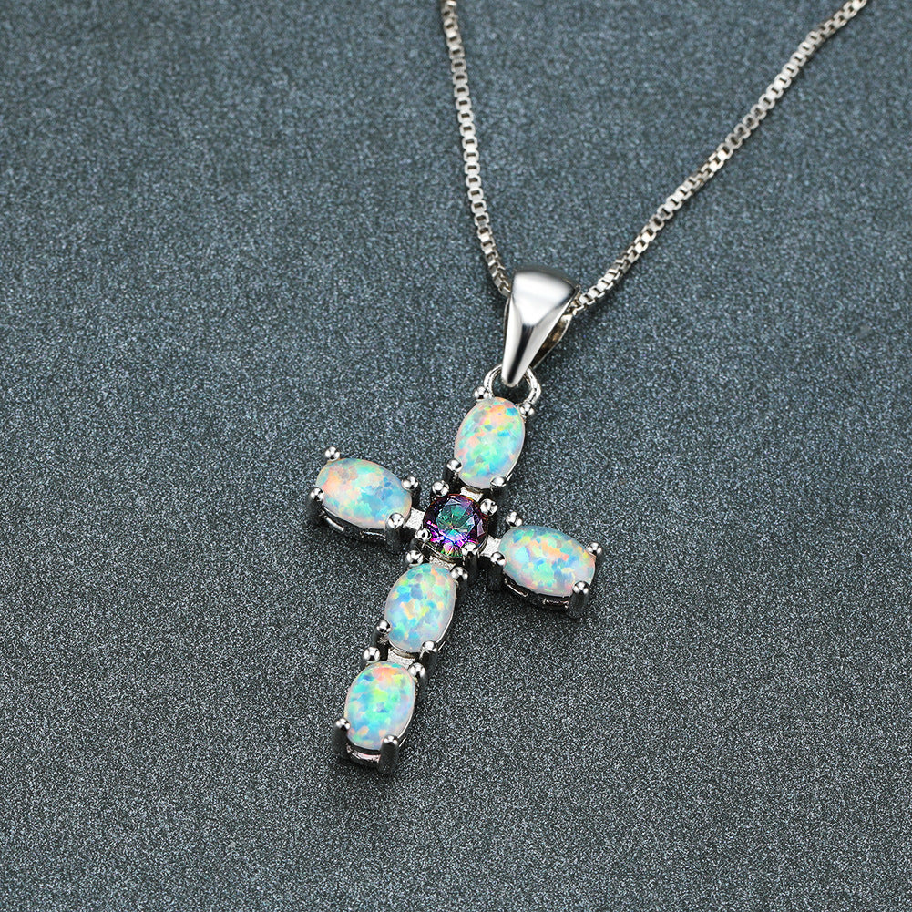 Cross-shaped Opal  gemstone necklace