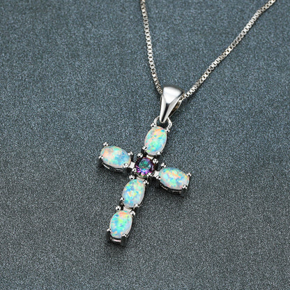 Cross-shaped Opal  gemstone necklace