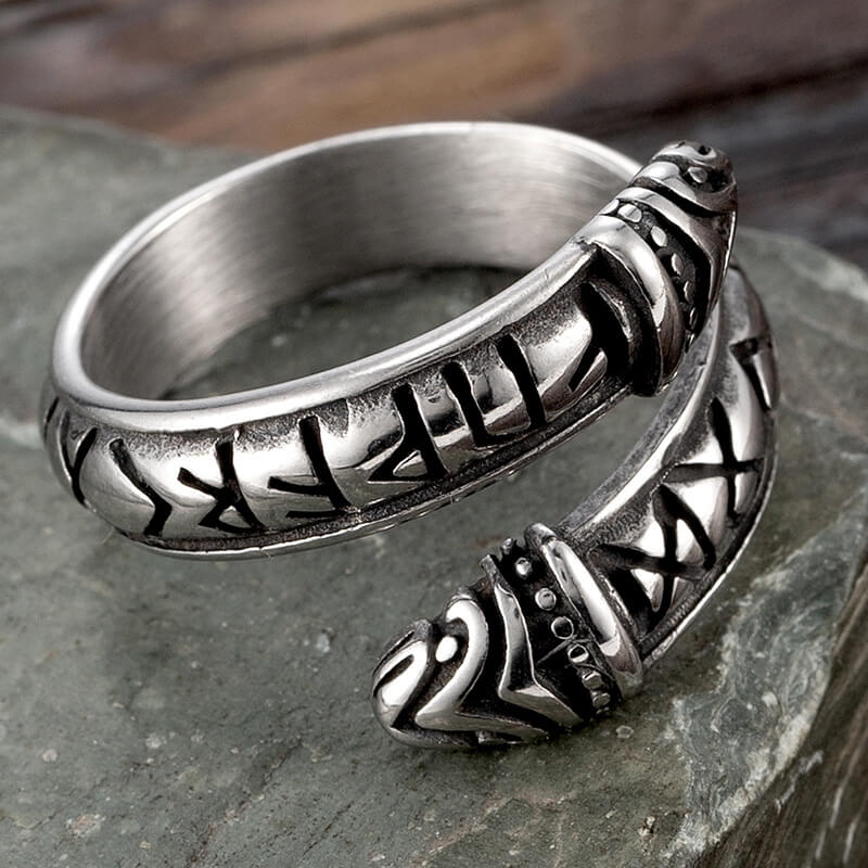 Vintage Stainless Steel Narrow Band Viking Script Symbol Snake Ring for Men