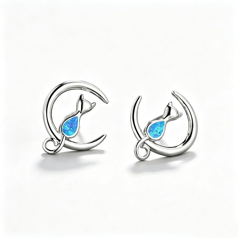 Women's Cat‑On‑Crescent‑Moon Stud Earrings With Teardrop Opal, with White Gold / Rose Gold Plating