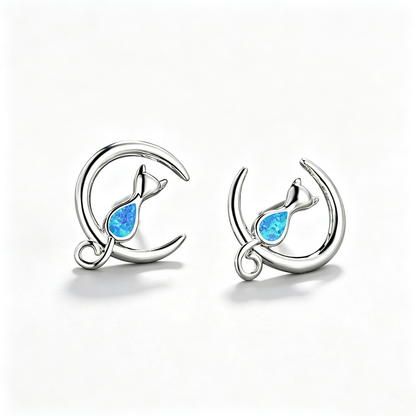 Women's Cat‑On‑Crescent‑Moon Stud Earrings With Teardrop Opal, with White Gold / Rose Gold Plating