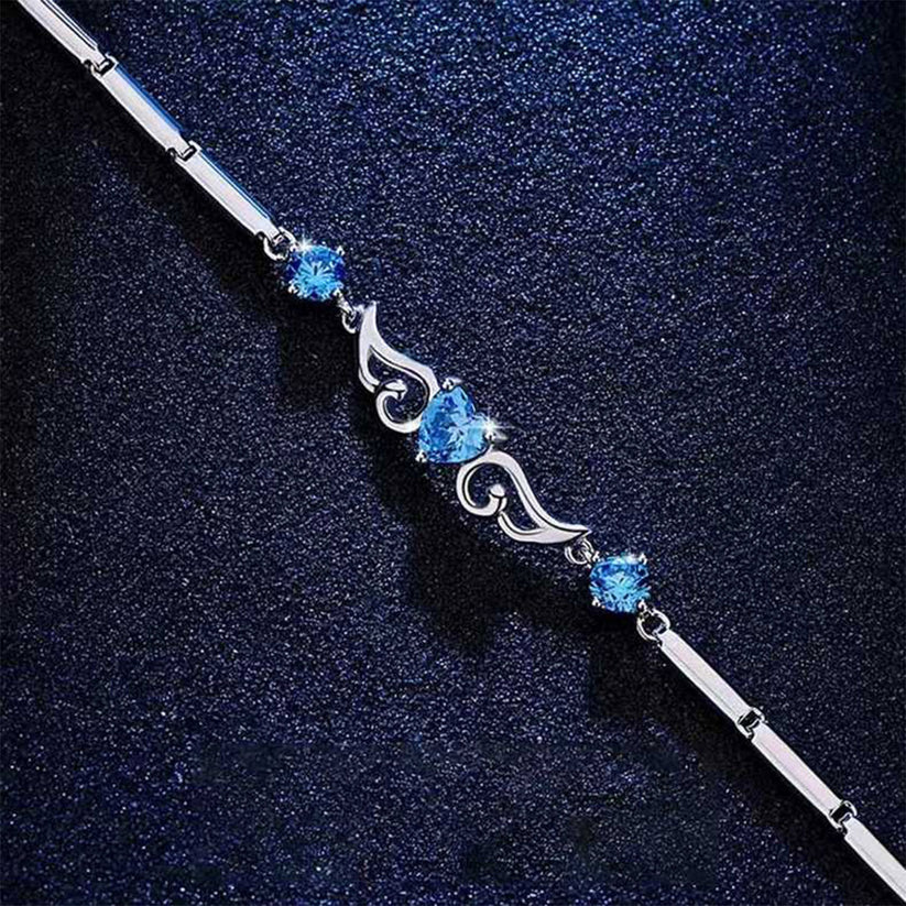 Women's White Gold Angel Wings Heart Shape Blue Sapphire Bracelet
