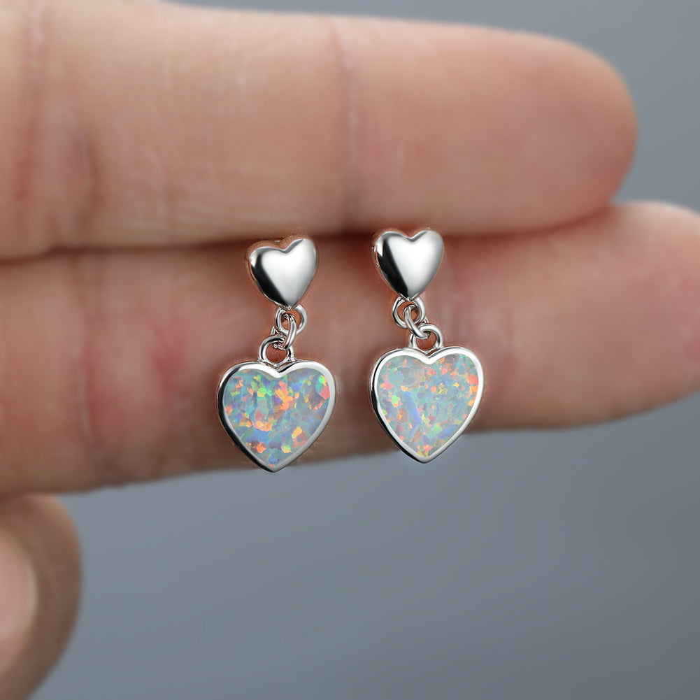 Women's Heart Dangle Earrings Inlaid With Blue & White Opal, with White Gold Plating