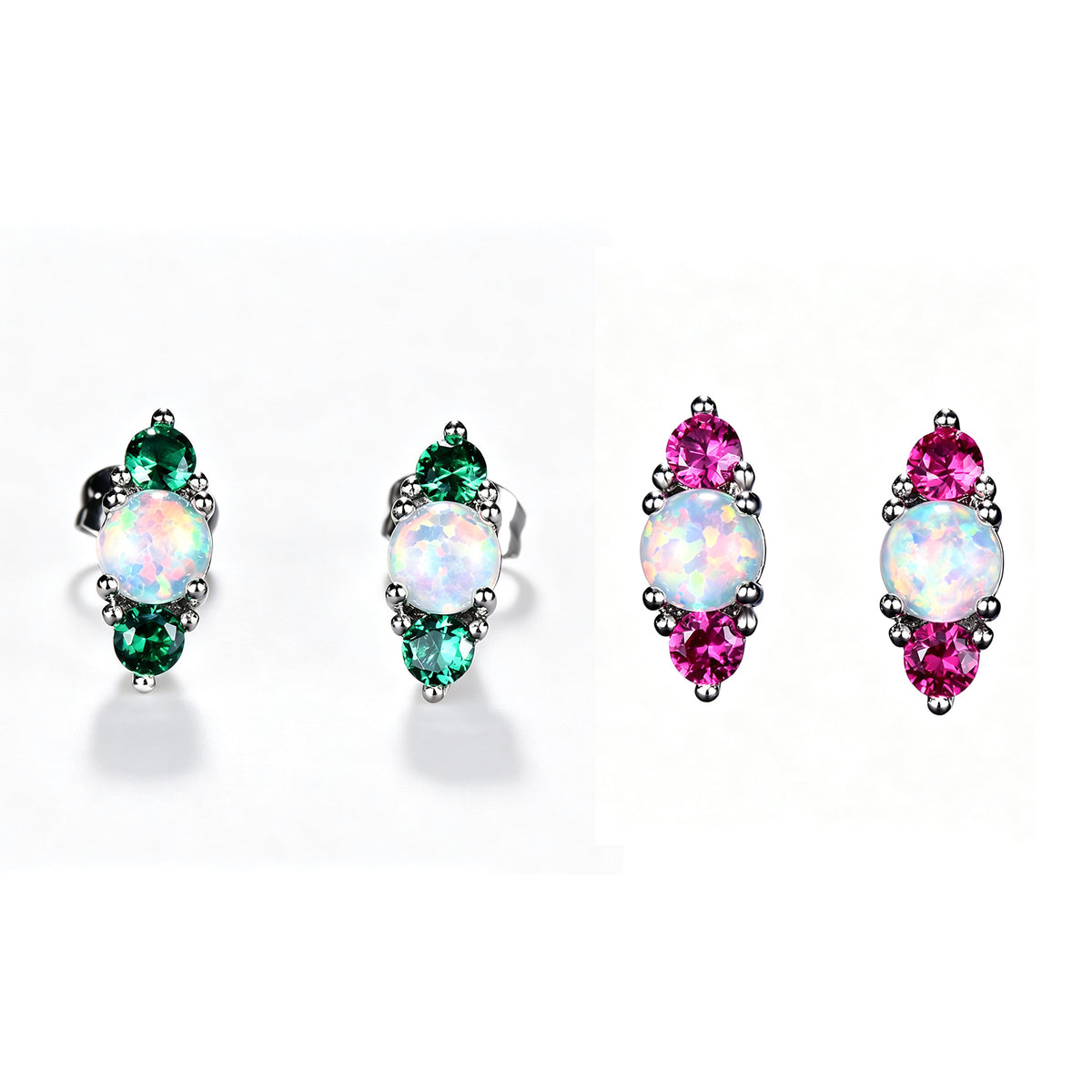 Women's Stud Earrings, White Opal With Wine‑Red Gemstone / White Opal With Emerald Gemstone