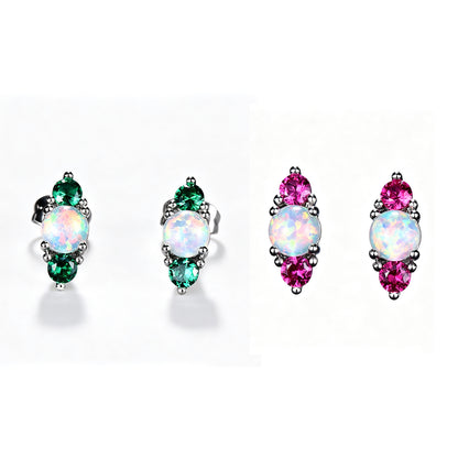 Women's Stud Earrings, White Opal With Wine‑Red Gemstone / White Opal With Emerald Gemstone