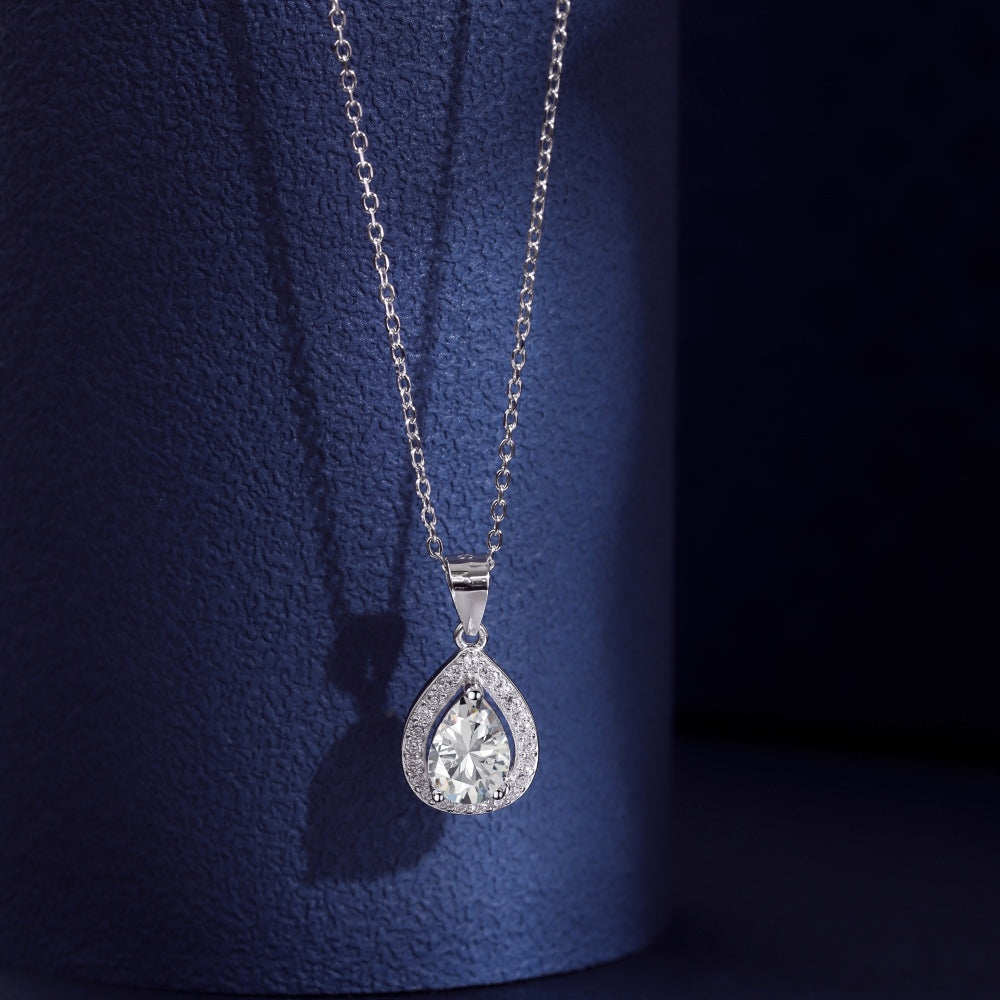 Women's Stylish Elegant Hollow Pendant Necklace, Pear Shape Ruby Paved Inlay, S925 with White Gold Plating