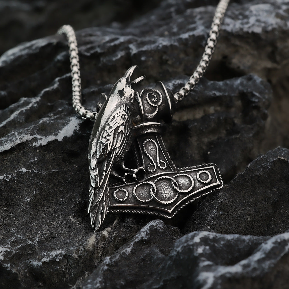 Vintage Stainless Steel Viking Raven and Anchor Combo Pendant Necklace for Men