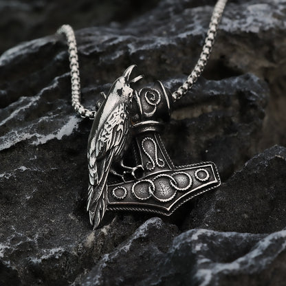 Vintage Stainless Steel Viking Raven and Anchor Combo Pendant Necklace for Men