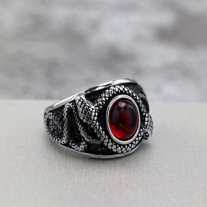 Vintage Solid Stainless Steel Double Snake Ring for Men Inlaid Red Synthetic Gemstone
