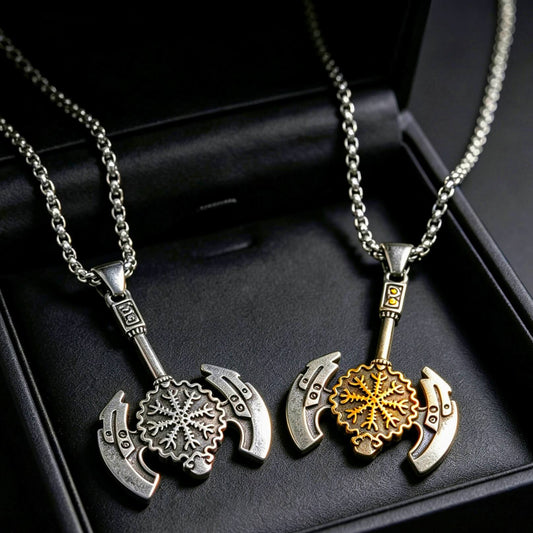Men's Steel Viking Axe Helm of Awe Pendant Necklace