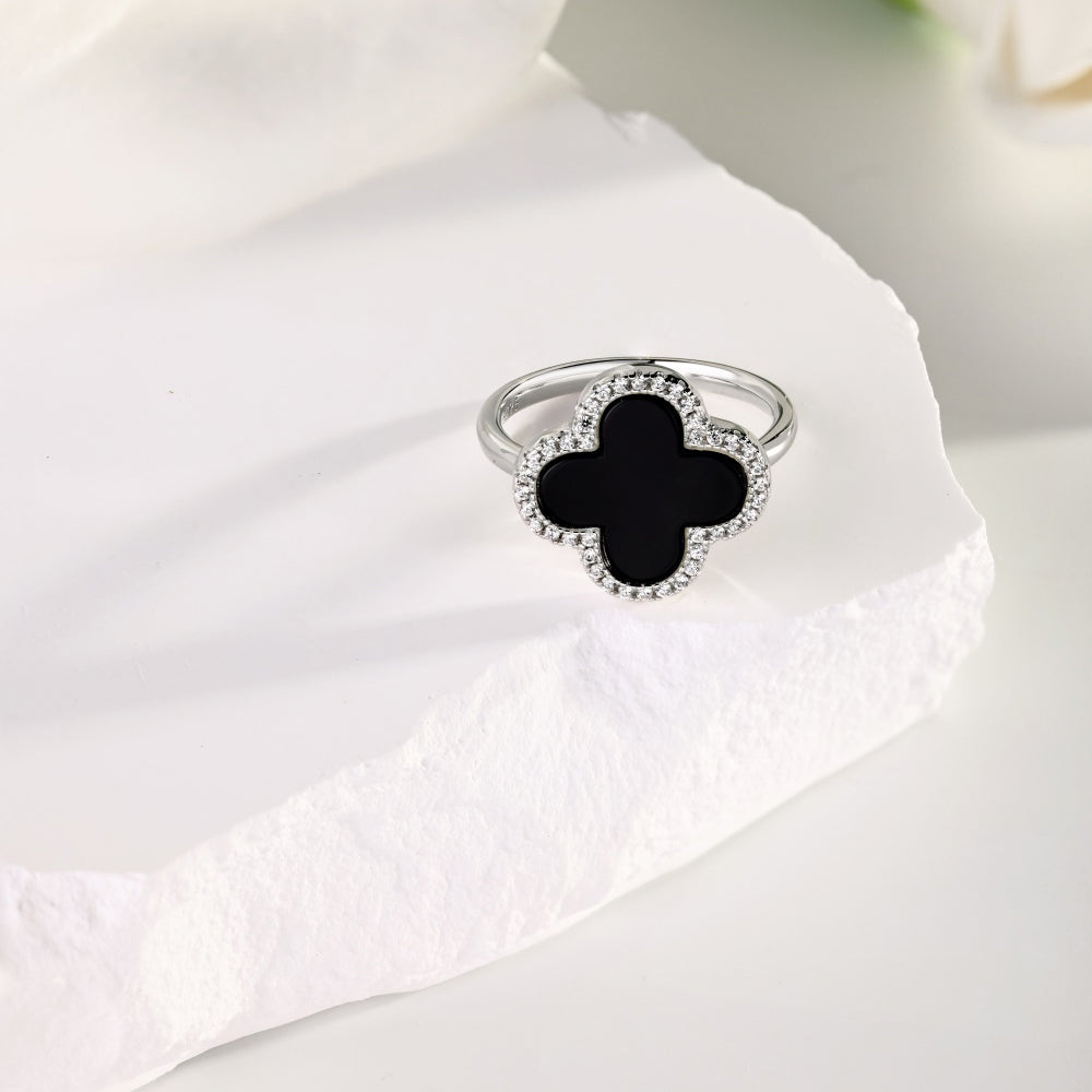 Women's S925 Silver White Gold Tone Ring, Four-Leaf Clover Shape Black Agate Halo Design Ladies Fashion Ring