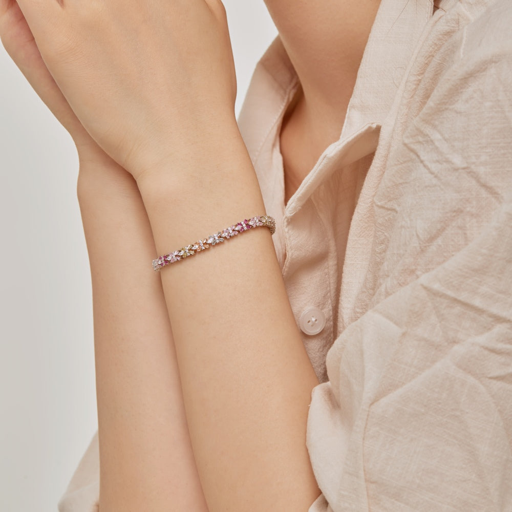 Women's High‑End Tennis Bracelet, Multicolor Marquise Zirconia Flower Design Inlay, S925 with White Gold Plating