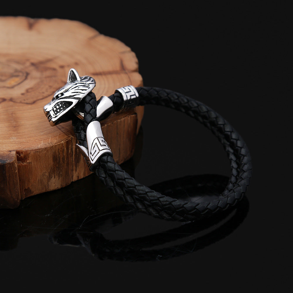 Minimalist Stainless Steel Wolf Head Charm Men Bracelet, Fashion Braided Leather Wrist Jewelry