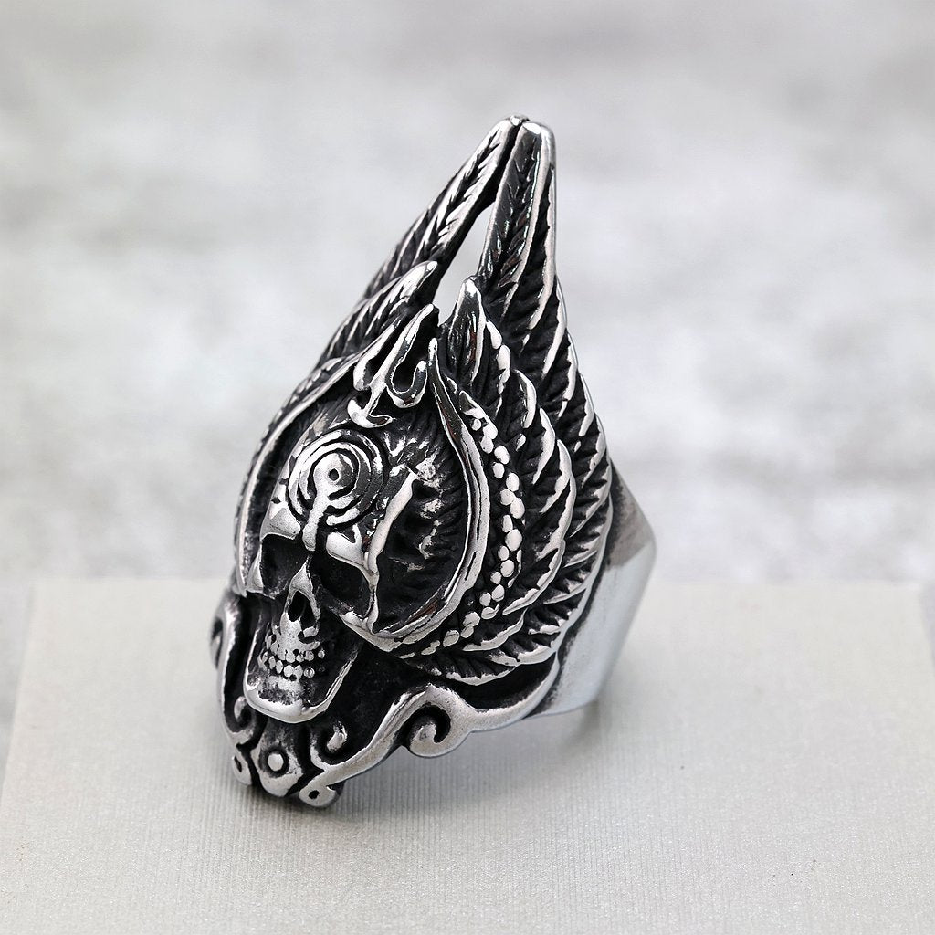 Vintage Stainless Steel Punk Hollow Winged Skull Ring for Men