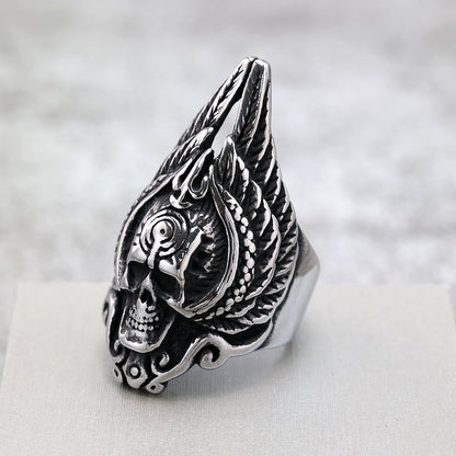 Vintage Stainless Steel Punk Hollow Winged Skull Ring for Men