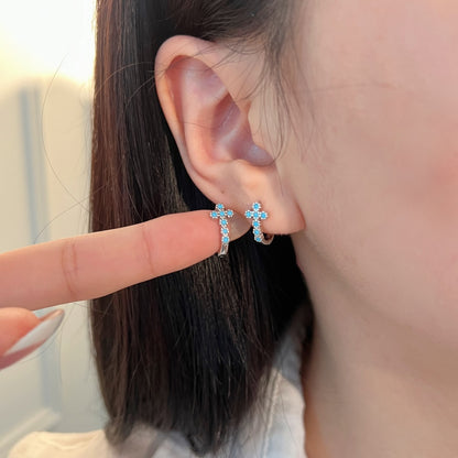 Women's Blue Zirconia Cross Hoop Earrings, S925 with White Gold Plating