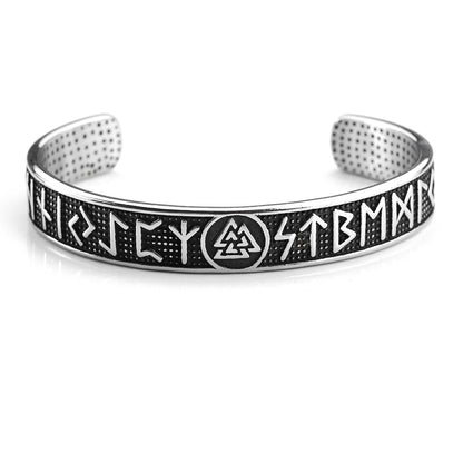Men's Nordic Pirate Vintage Solid Stainless Steel Open C Cuff Bracelet, Engraved Viking Rune Symbols Adjustable Retro Bangle