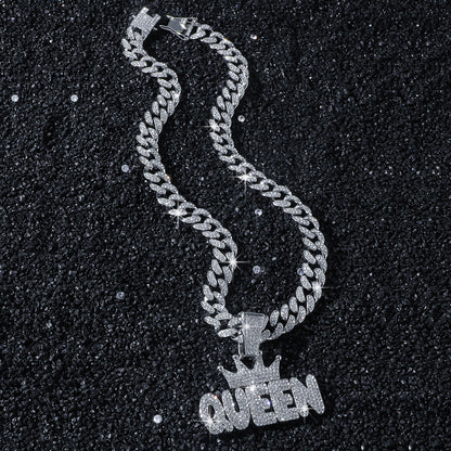Hip-Hop Style Crown Letter Queen Cuban Chain Pendant Necklace