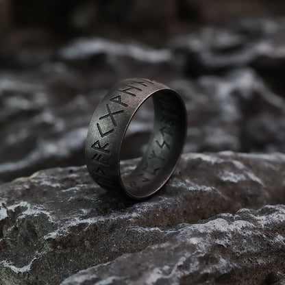 Vintage Nordic Stainless Steel Inner & Outer Engraved Viking Rune Band Ring for Men
