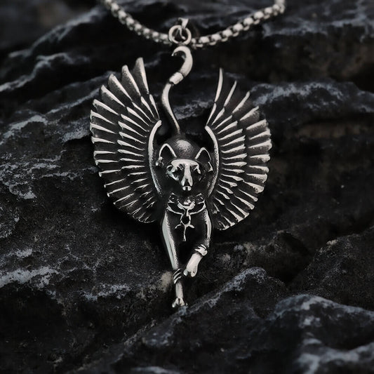 Vintage Stainless Steel Egyptian Cat God Wings Pendant Necklace for Men