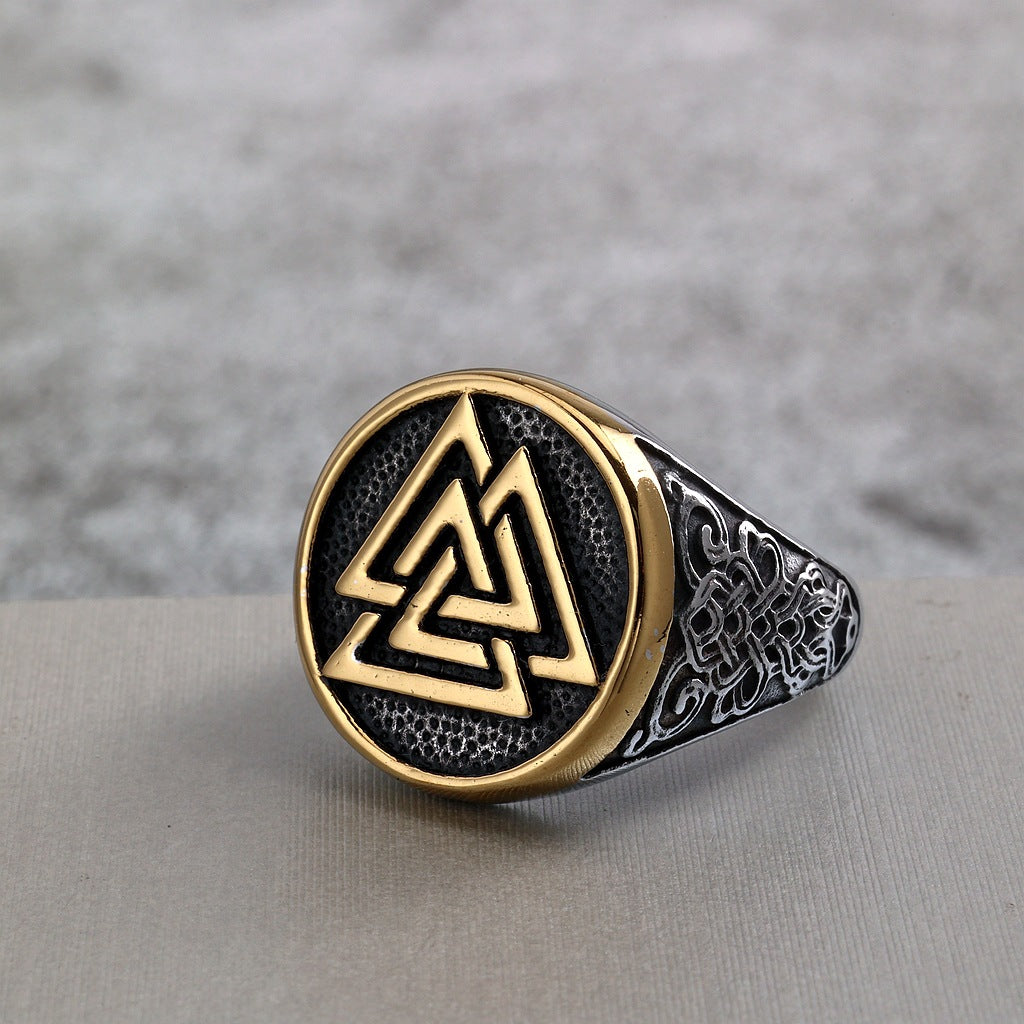 Vintage Stainless Steel Round Viking Triangle Symbol Engraved Ring for Men
