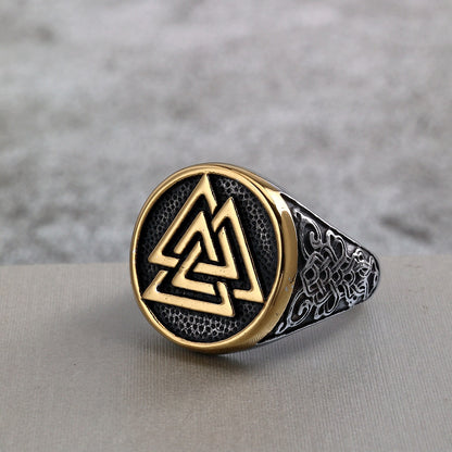 Vintage Stainless Steel Round Viking Triangle Symbol Engraved Ring for Men