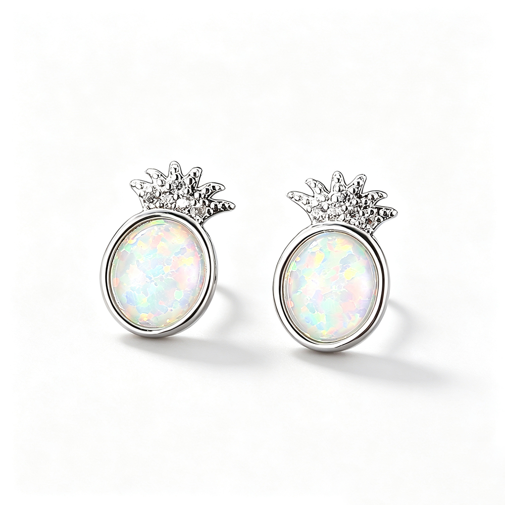Women's Pineapple Shape Oval Opal Stud Earrings With Round Zirconia Accent, with White Gold Plating