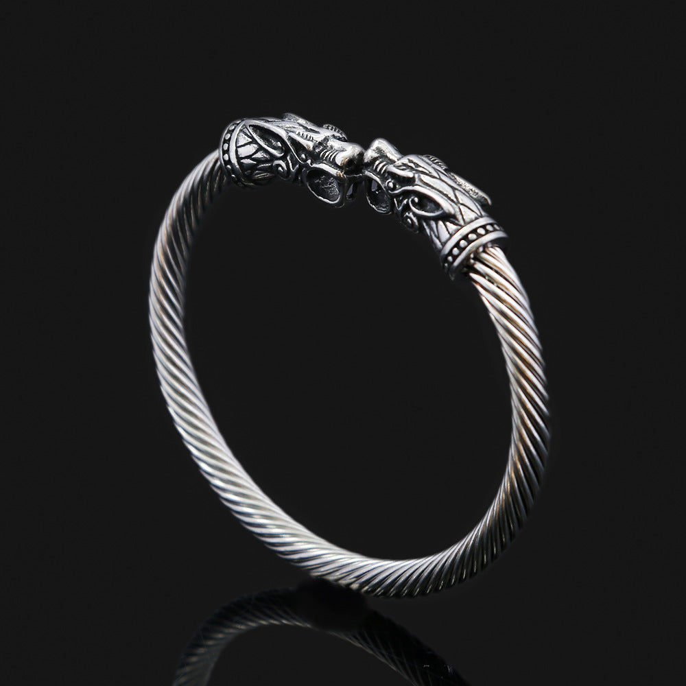 Men's Retro Double Dragon Head Twisted Open Cuff Bracelet