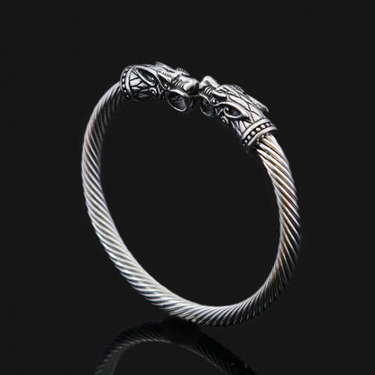 Men's Retro Double Dragon Head Twisted Open Cuff Bracelet
