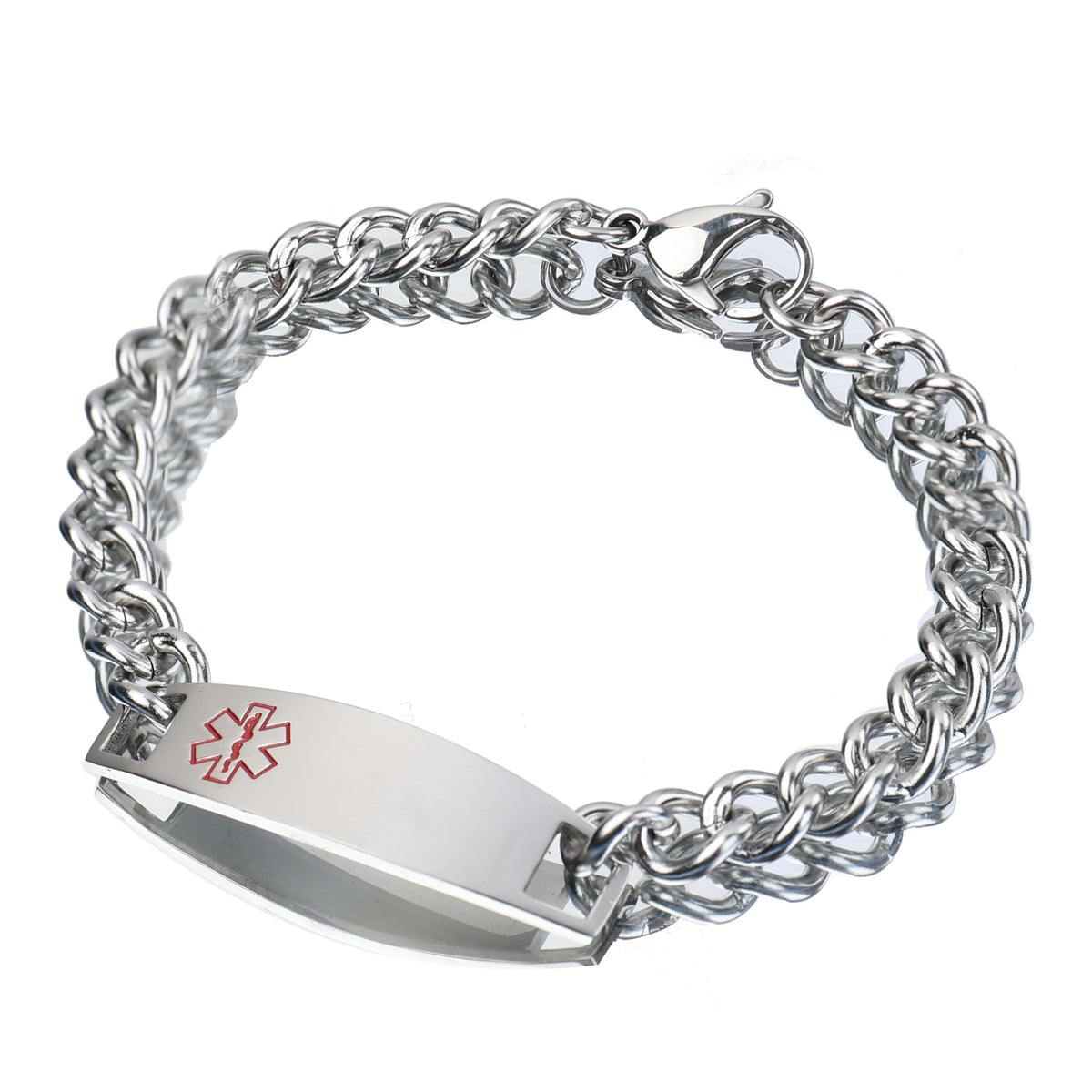 Men’s Silver Tone Stainless Steel Bracelet with Curved Medical Tag Wrist Jewelry