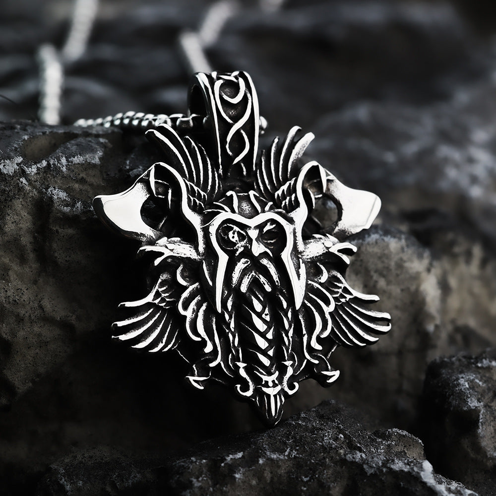Men's Steel Viking Odin Winged Pendant Necklace
