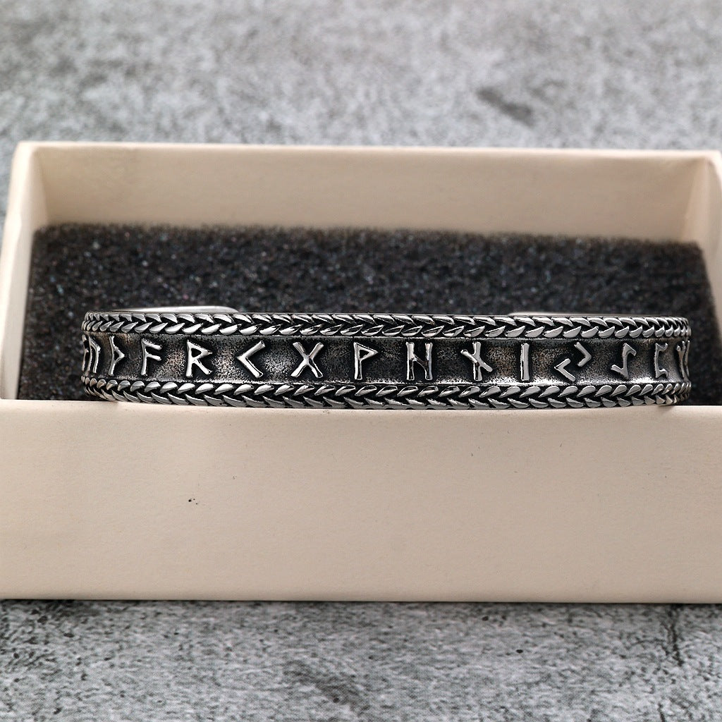 Nordic Retro Viking Runes Open C Bracelet for Men, Vintage Stainless Steel Cuff Bangle