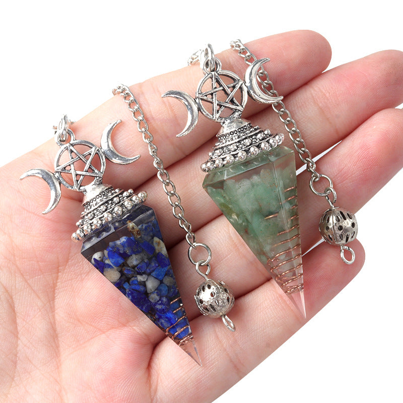 Three-phase moon seven-colored crushed stone resin crystal hexagonal pyramid spirit pendulum