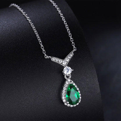 Women's Sterling Silver White Gold Drip Shape Emerald Full Stones Pendant